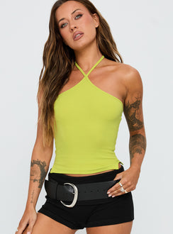 front view of model wearing Princess Polly Baseline Halter Rib Top Green Sleeveless 