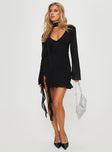 back view of model wearing Princess Polly Varney Long Sleeve Mini Dress Black Plunger 