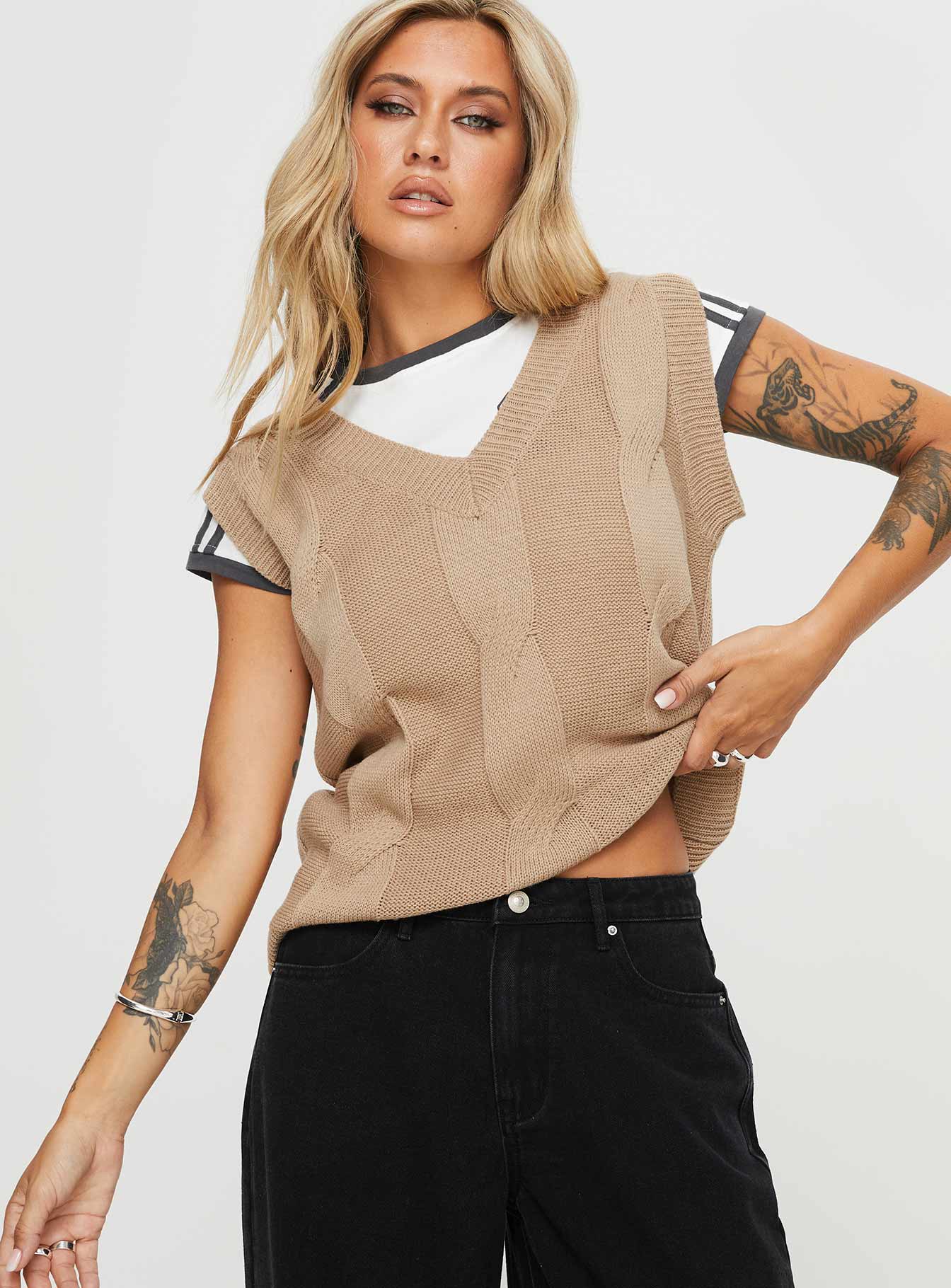 Altman Cable Knit Vest Beige Princess Polly  Cropped 