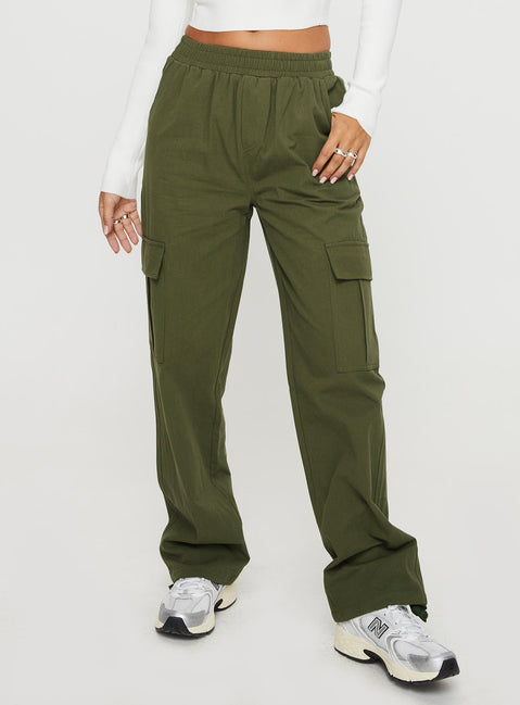 front view of model wearing Princess Polly Sessions Cargo Pants Olive Mid Rise 