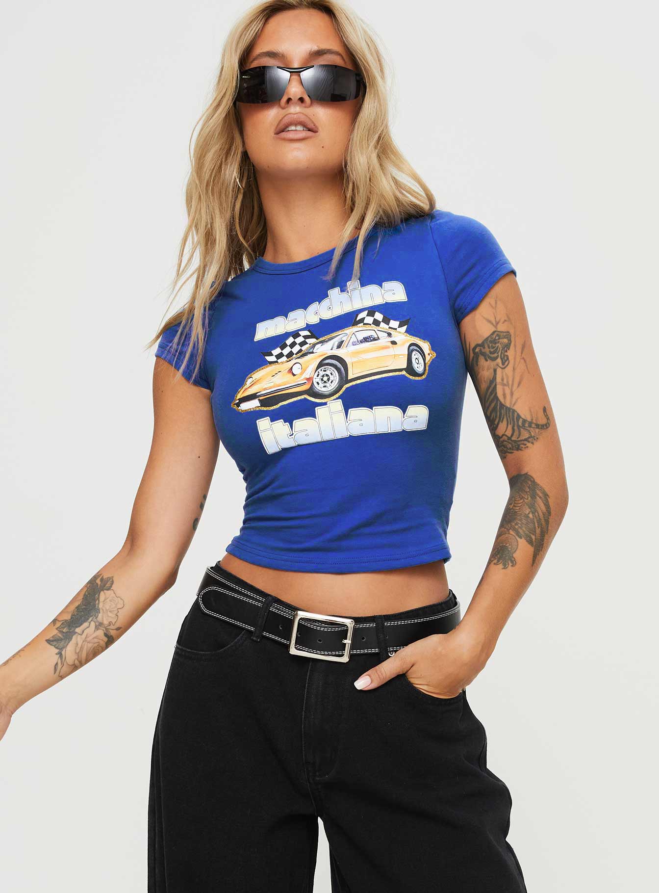 front view of model wearing Princess Polly Machina Tee Blue Short Sleeves Crew Neck 