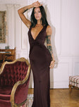 side view of model wearing Princess Polly Frederica Plunge Maxi Dress Chocolate Petite Plunger 