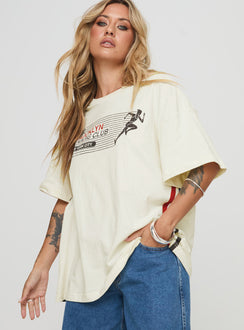 front view of model wearing Princess Polly Brklyn Running Oversized Tee White Half Sleeves Crew Neck 
