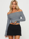 Of the shoulder mesh crop top Ruched throughout, inner silicone strip at neckline Good stretch, fully lined