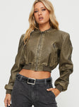 Faux leather cropped bomber Twin hip pockets with zip fastenings, ribbed hems, zip fastening at front  Non-stretch, fully lined