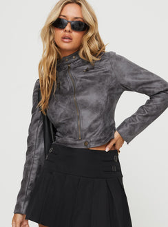 Moto jacket Faux leather material, double chest pockets, brass-toned hardware Zip & button fastenings