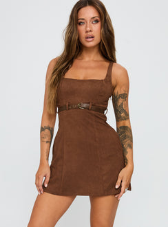 front view of model wearing Princess Polly Way Back In Faux Suede Mini Dress Brown Square Neck 