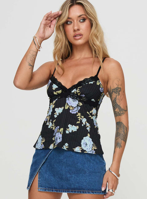 side view of model wearing Princess Polly Thexton Top Black Sleeveless V-Neck 