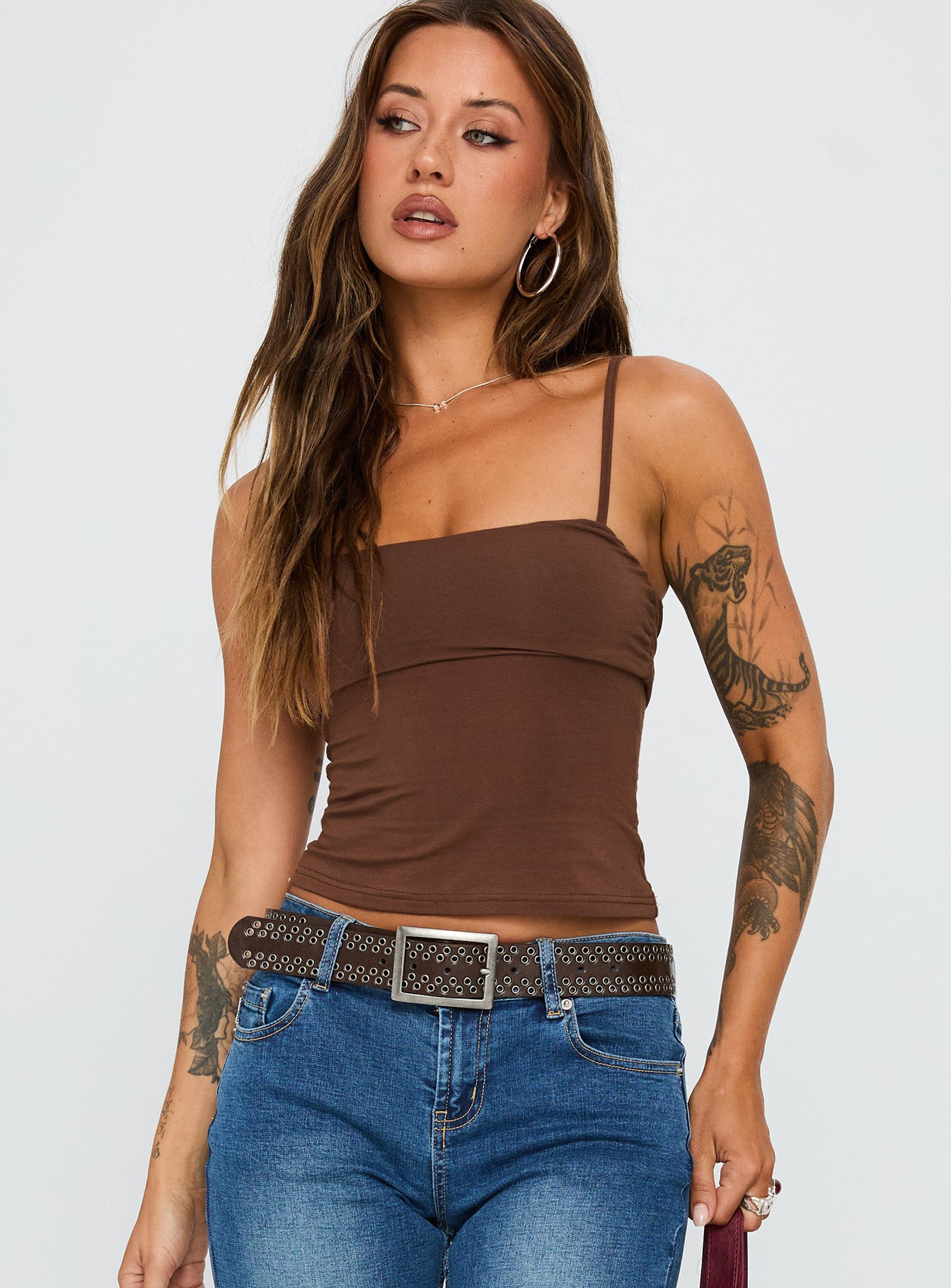 front view of model wearing Princess Polly Race My Mind Top Chocolate Sleeveless Square Neck 