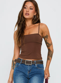 front view of model wearing Princess Polly Race My Mind Top Chocolate Sleeveless Square Neck 