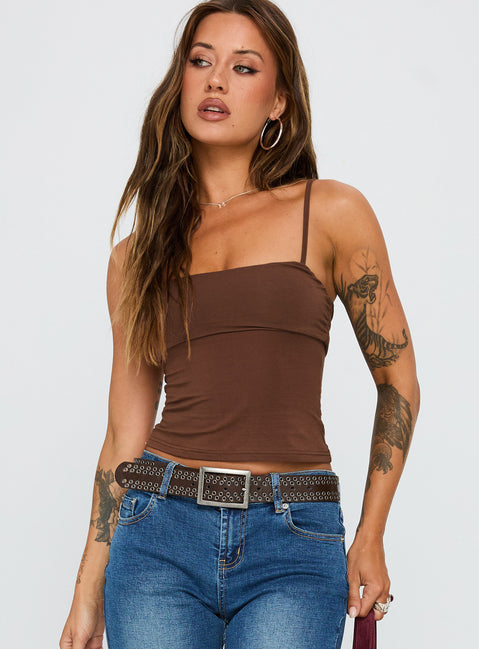 front view of model wearing Princess Polly Race My Mind Top Chocolate Sleeveless Square Neck 