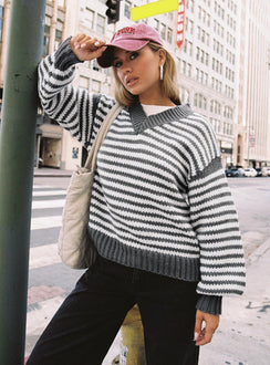 front view of model wearing Princess Polly Soloman Sweater Grey Stripe Long 