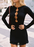 front view of model wearing Princess Polly Dejonge Ring Mini Dress Black Crew Neck 