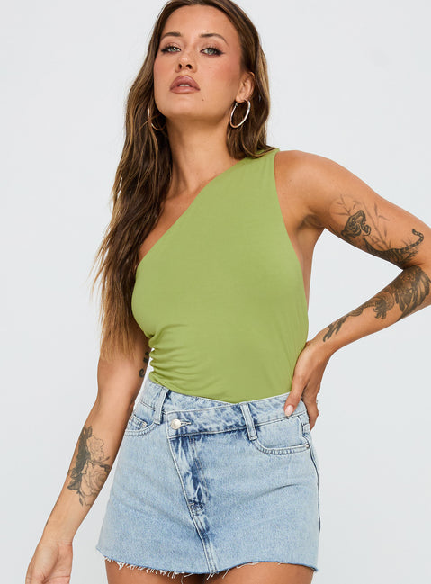 front view of model wearing Princess Polly Ferrera One Shoulder Bodysuit Green Sleeveless 
