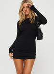 front view of model wearing Princess Polly Lex Long Sleeve Mini Dress Black Tall Crew Neck 