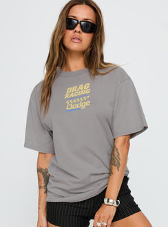 front view of model wearing Princess Polly Dodge Racer Oversized Graphic Tee Grey Half Sleeves Crew Neck 