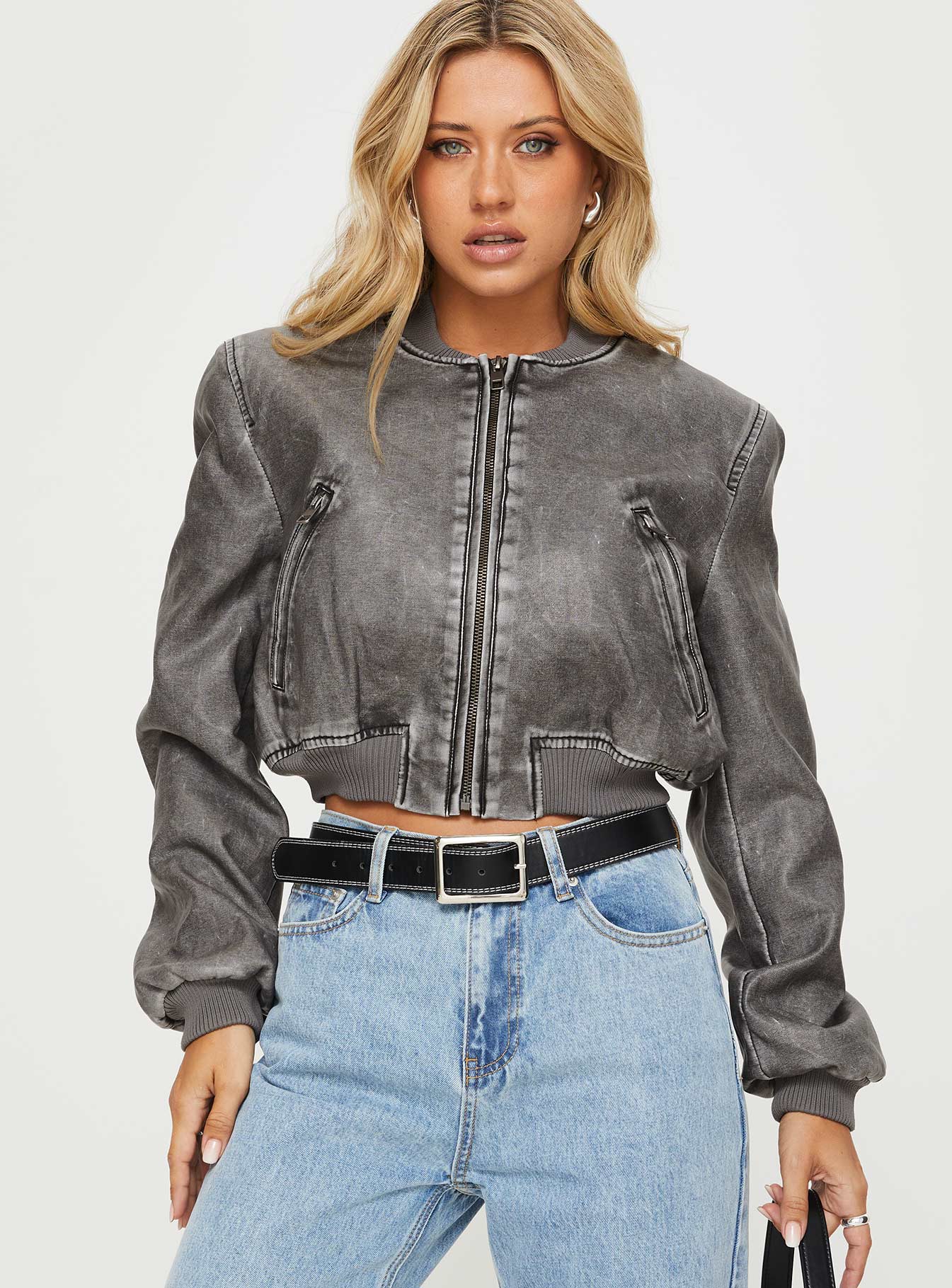 Faux leather bomber jacket High neckline, zip fastening, twin hip pockets, elasticated waistband and cuff Non-stretch material, fully lined 