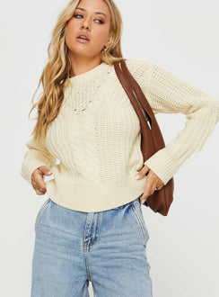 Kynlee Cable Knit Sweater Cream Princess Polly  regular 