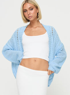 front view of model wearing Princess Polly Abner Cable Cardigan Blue regular 