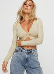 front view of model wearing Princess Polly Carlen Twist Long Sleeve Top Beige Full Sleeves Plunger 