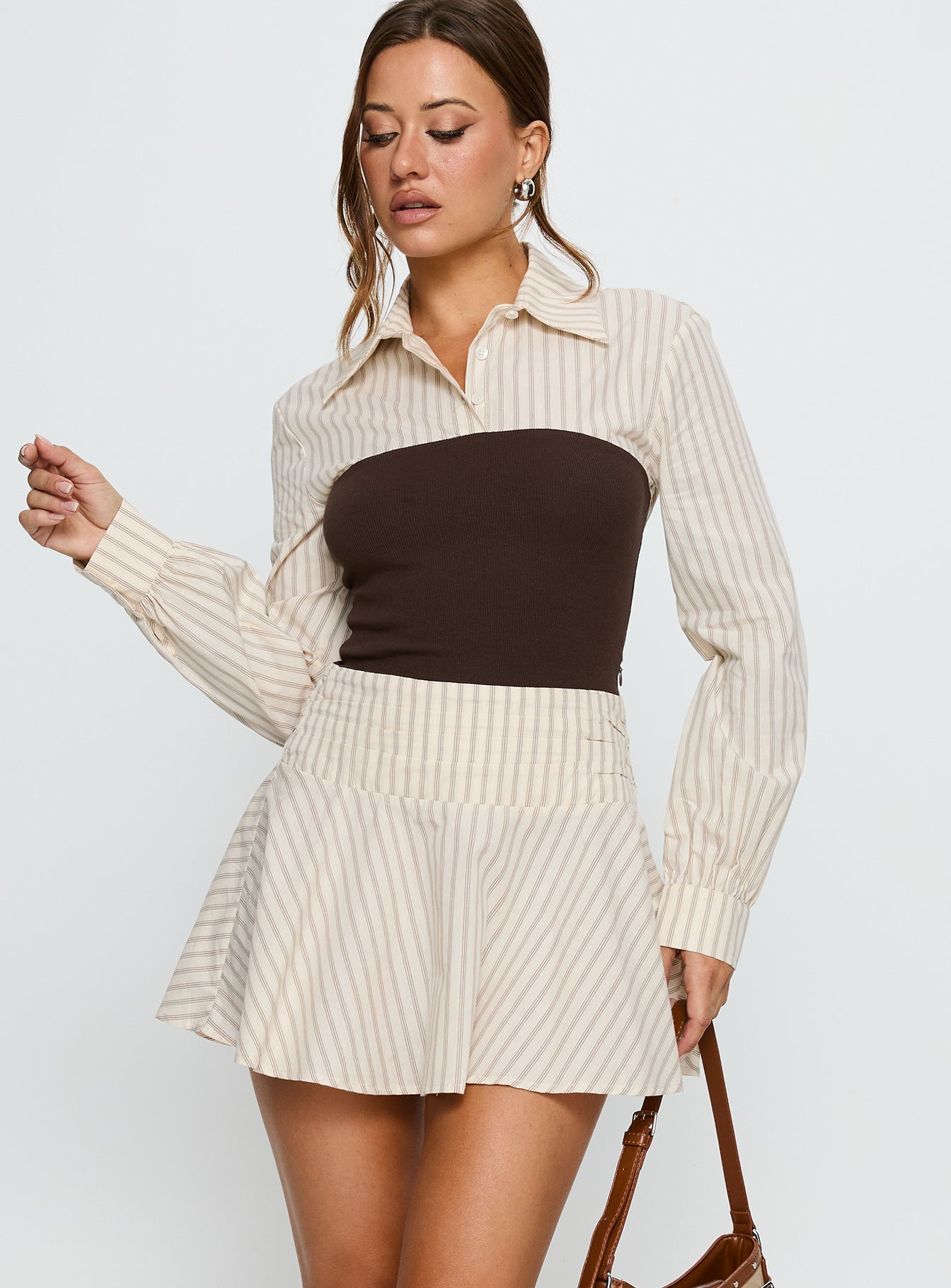 Belva Long Sleeve Corset Shirt Mini Dress Brown Stripe