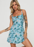 front view of model wearing Princess Polly Mercure Mini Dress Blue Floral Square Neck 