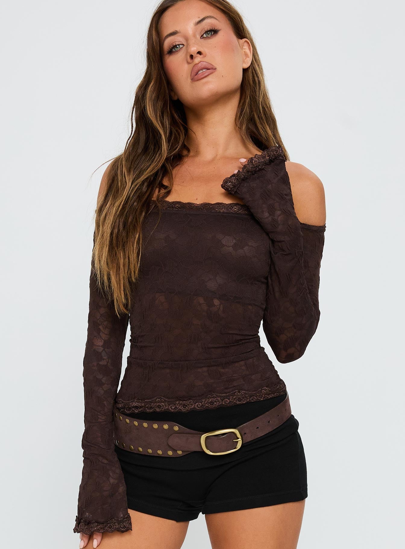 Mochapella Off The Shoulder Top Brown | Princess Polly