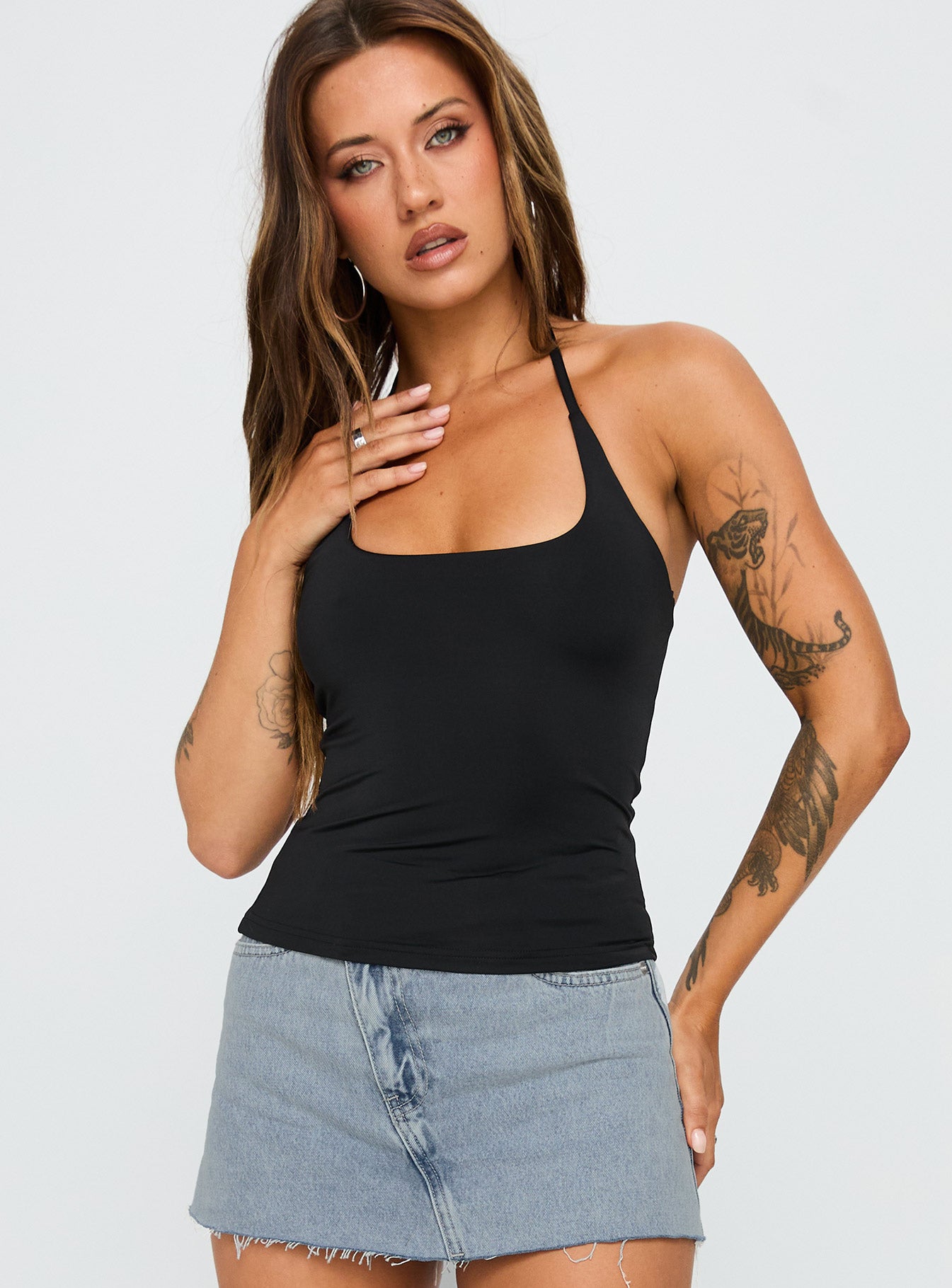 side view of model wearing Princess Polly Ezekiel Nylon Top Black Sleeveless Scoop Neck 