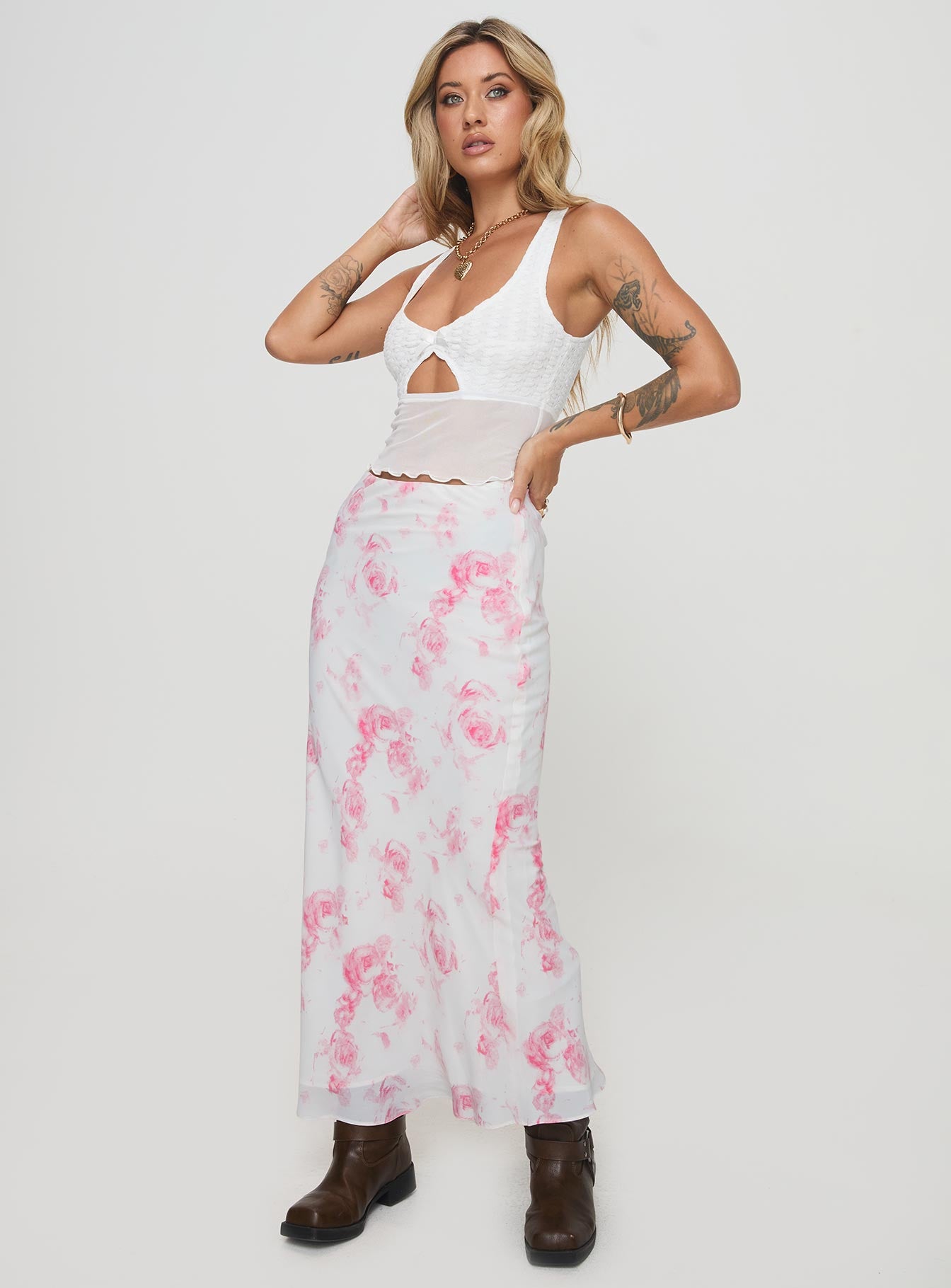  side view of model wearing Princess Polly Agave Maxi Skirt Floral Maxi 