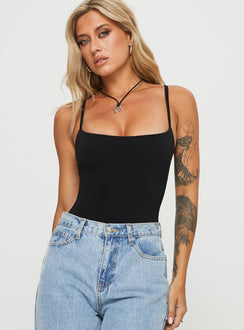 front view of model wearing Princess Polly Off Stage Bodysuit Black Sleeveless 