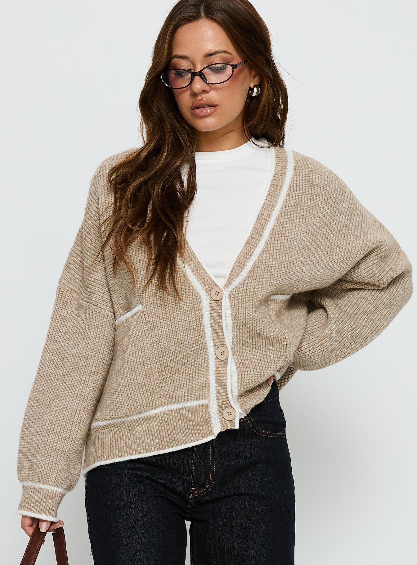 front view of model wearing Princess Polly Cressara Contrast Knit Cardigan Beige / White Cropped Jumpers 