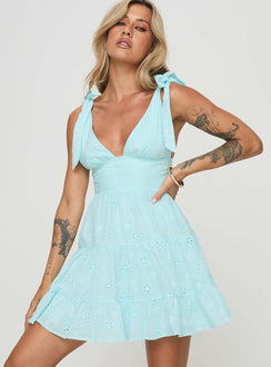 front view of model wearing Princess Polly Galvis Mini Dress Blue Plunger 