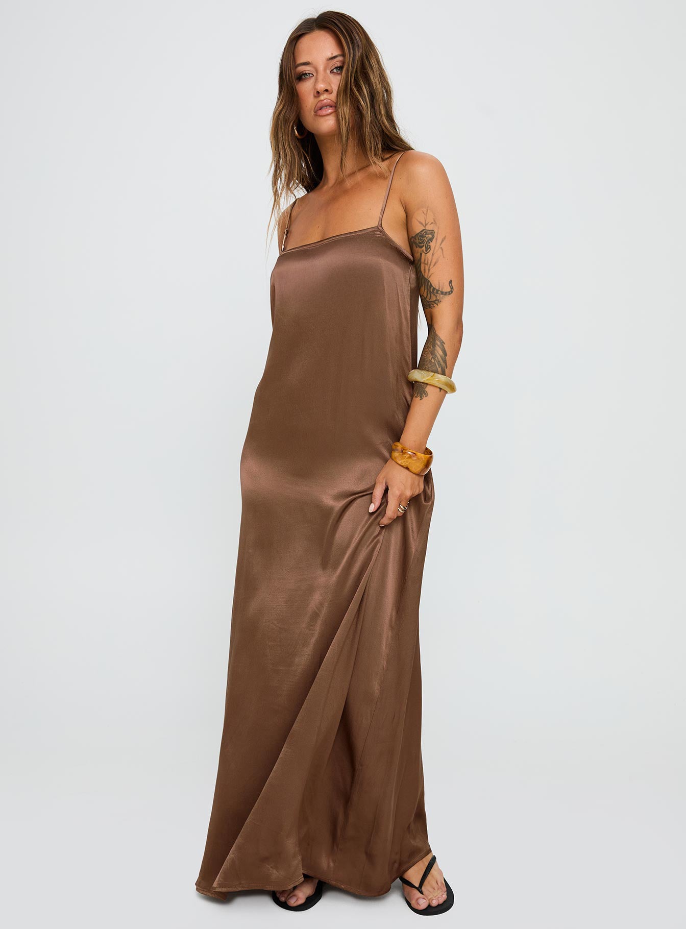 side view of model wearing Princess Polly Apple Cider Maxi Dress Brown Square Neck 