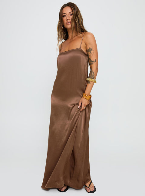 side view of model wearing Princess Polly Apple Cider Maxi Dress Brown Square Neck 