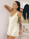 side view of model wearing Princess Polly Kingslie Low Back Mini Dress Baby Yellow Petite V-Neck 