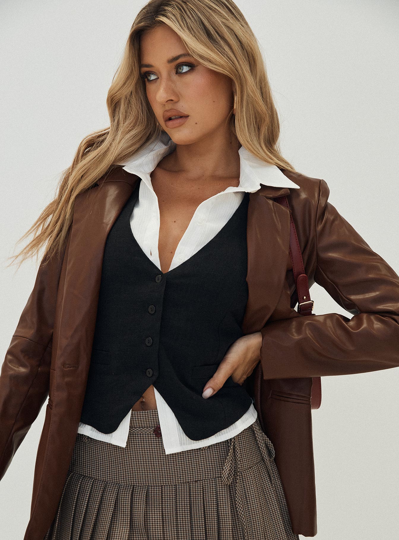 Morrison Faux Leather Blazer Brown | Princess Polly