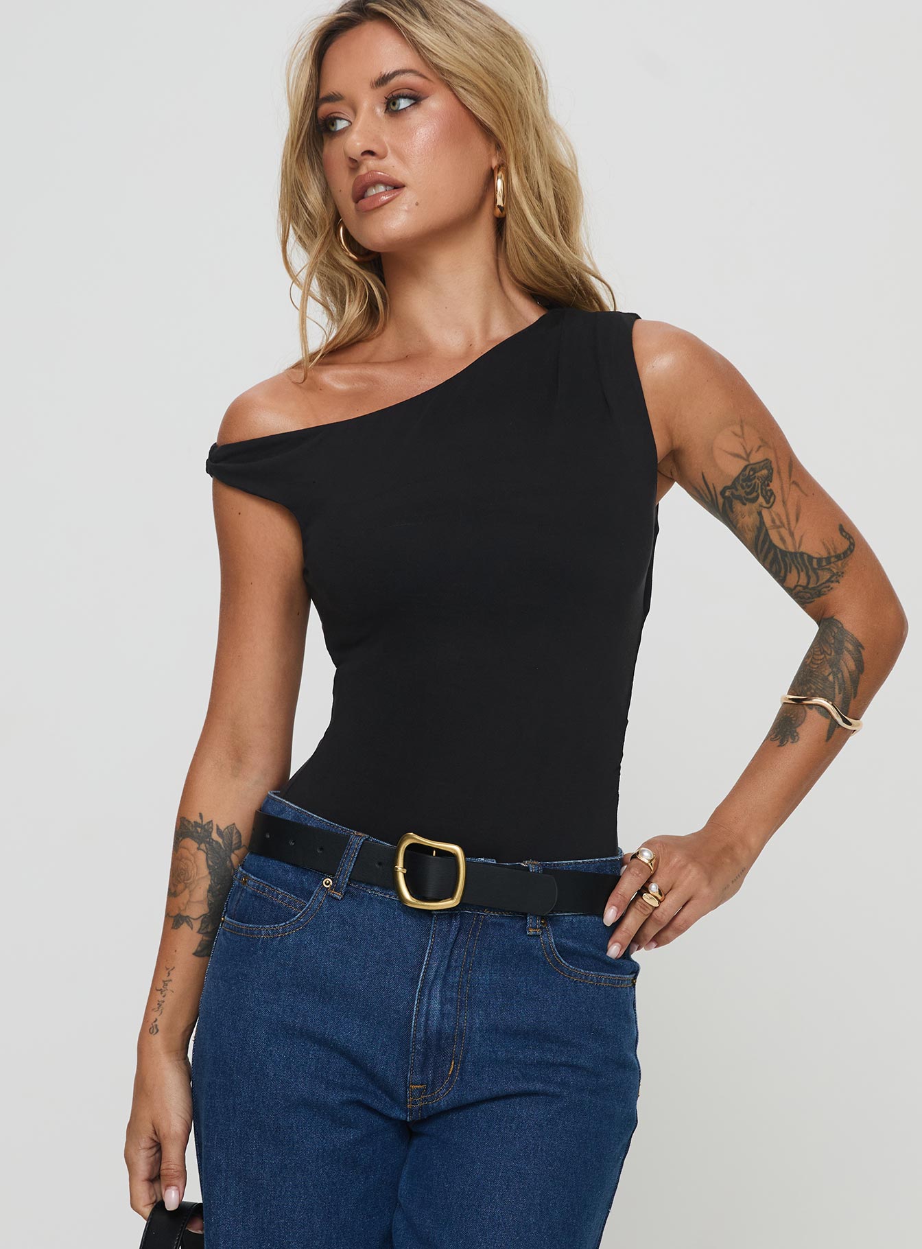 front view of model wearing Princess Polly Miyako Bodysuit Black Tall Sleeveless 