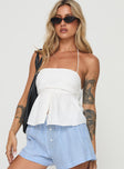 Crop top Halter strap with tie fastening, pleated bust, button detail down front, shirred back panel Non-stretch material, lined bust