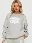 front view of model wearing Princess Polly Princess Polly Crew Neck Sweatshirt Bubble Text Grey / Cloud White Long 