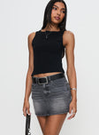   side view of model wearing Princess Polly Paulette Denim Mini Skirt Grey Wash Mini Skirts 