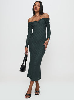 front view of model wearing Princess Polly Elexis Off The Shoulder Maxi Dress Blue V-Neck 