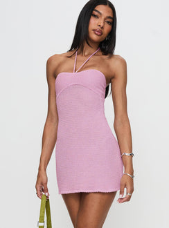 front view of model wearing Princess Polly Odeya Halter Mini Dress Pink Sweetheart Neckline 