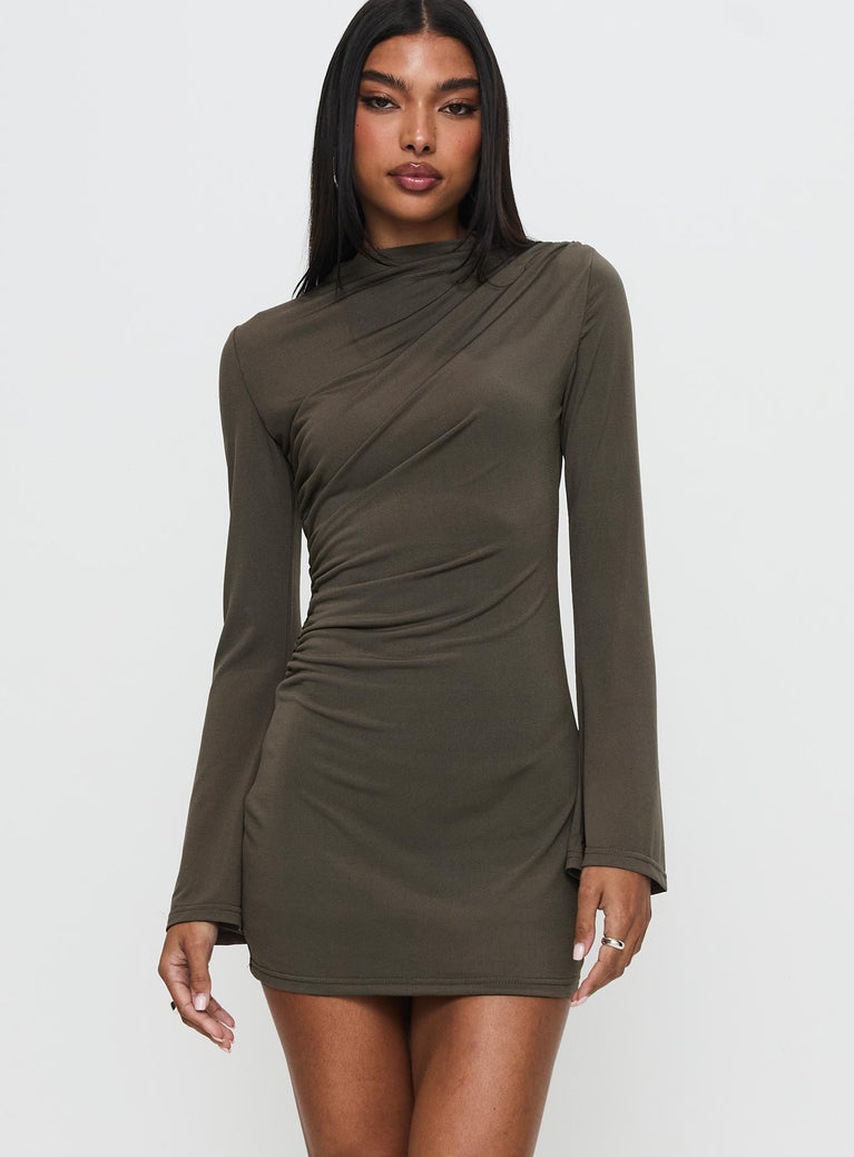 front view of model wearing Princess Polly Arte Deco Long Sleeve Mini Dress Mocha High Neck 