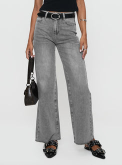front view of model wearing Princess Polly Henesey Raw Hem Jeans Washed Grey High Waisted 