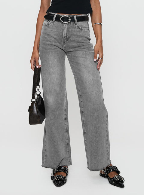 front view of model wearing Princess Polly Henesey Raw Hem Jeans Washed Grey High Waisted 
