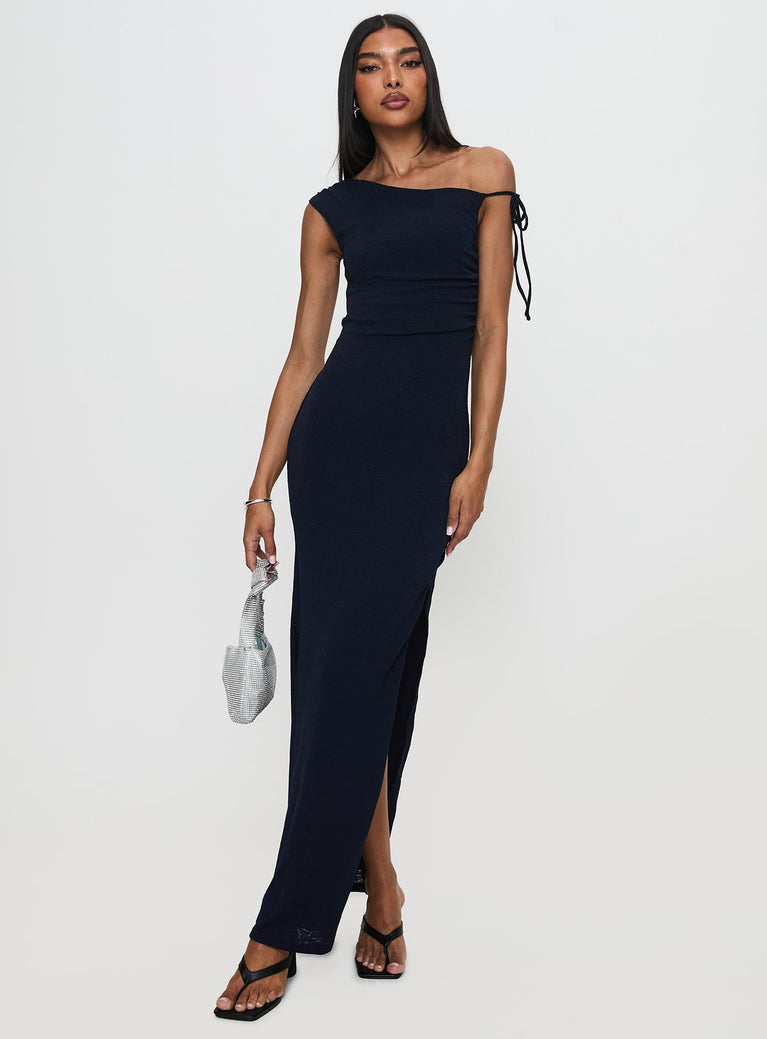 front view of model wearing Princess Polly Paislee Asymmetrical Maxi Dress Navy Asymmetric Neckline 