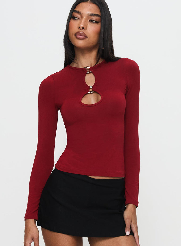 front view of model wearing Princess Polly Orlaith Cut Out Long Sleeve Top Burgundy Full Sleeves Crew Neck 