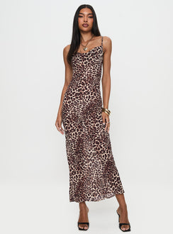 front view of model wearing Princess Polly Paolina Maxi Dress Leopard Cowl Neck 