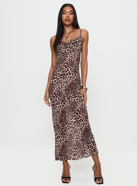 front view of model wearing Princess Polly Paolina Maxi Dress Leopard Cowl Neck 