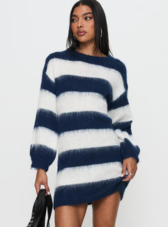 back view of model wearing Princess Polly Iryna Long Sleeve Knit Mini Dress Navy / White Stripe Crew Neck 